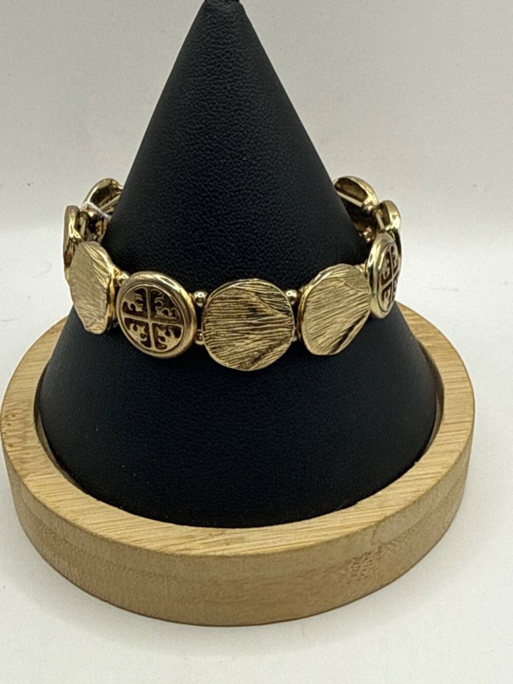 Vintage Gold Tone Cross Coin Medallion Stretch Bracelet Textured Disc Boho